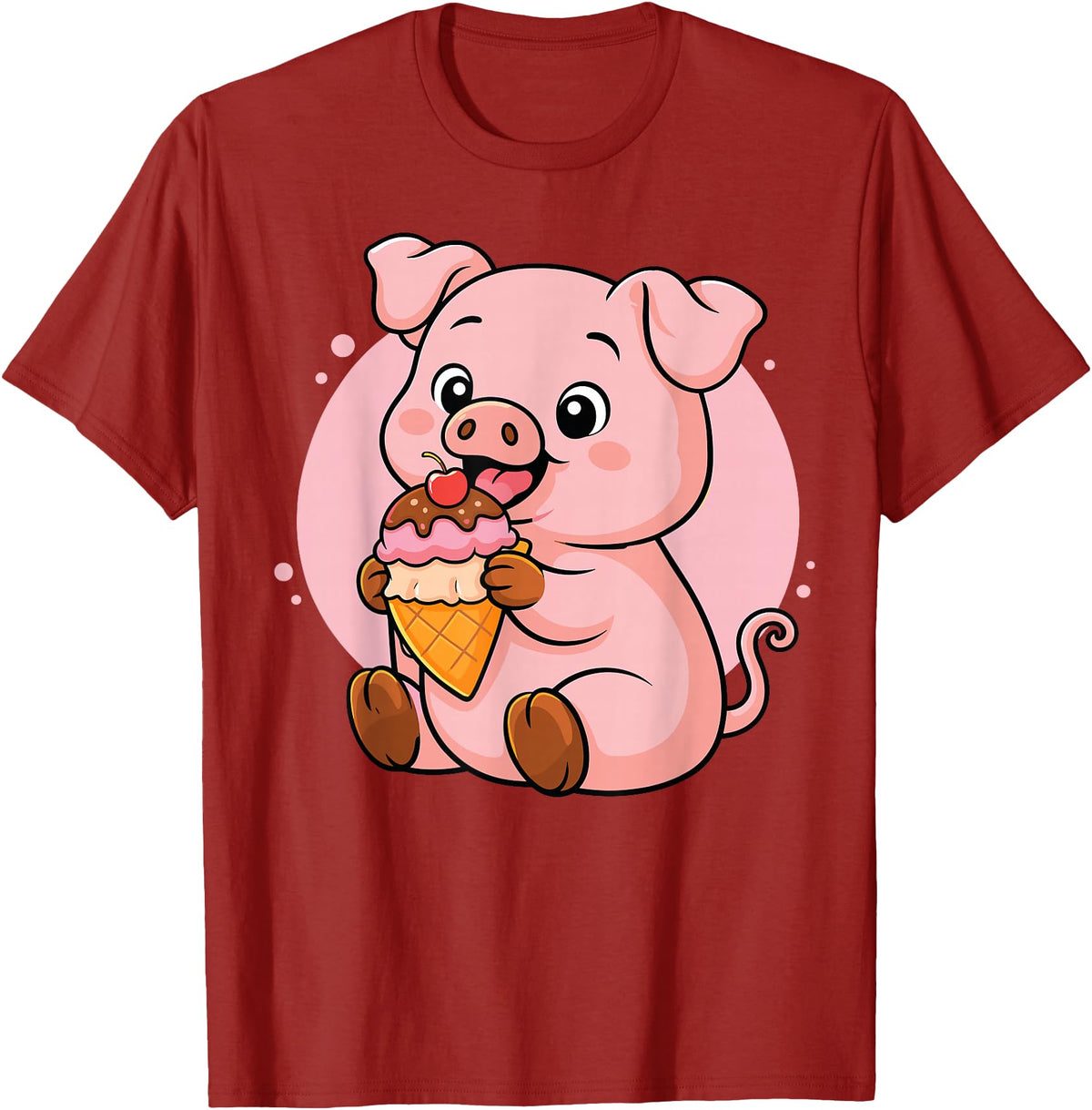 Funny Cute Pig Ice Cream Kawaii Design Pig Eating Ice Cream Graphic Boys Girls Pig Lover T-Shirt - Cranberry Red