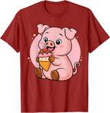 Funny Cute Pig Ice Cream Kawaii Design Pig Eating Ice Cream Graphic Boys Girls Pig Lover T-Shirt - Cranberry Red