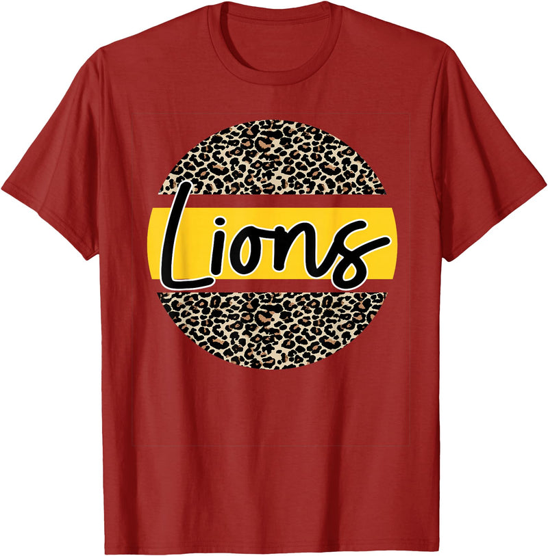 Lions School Spirit Leopard Print Yellow T-Shirt - Cranberry Red