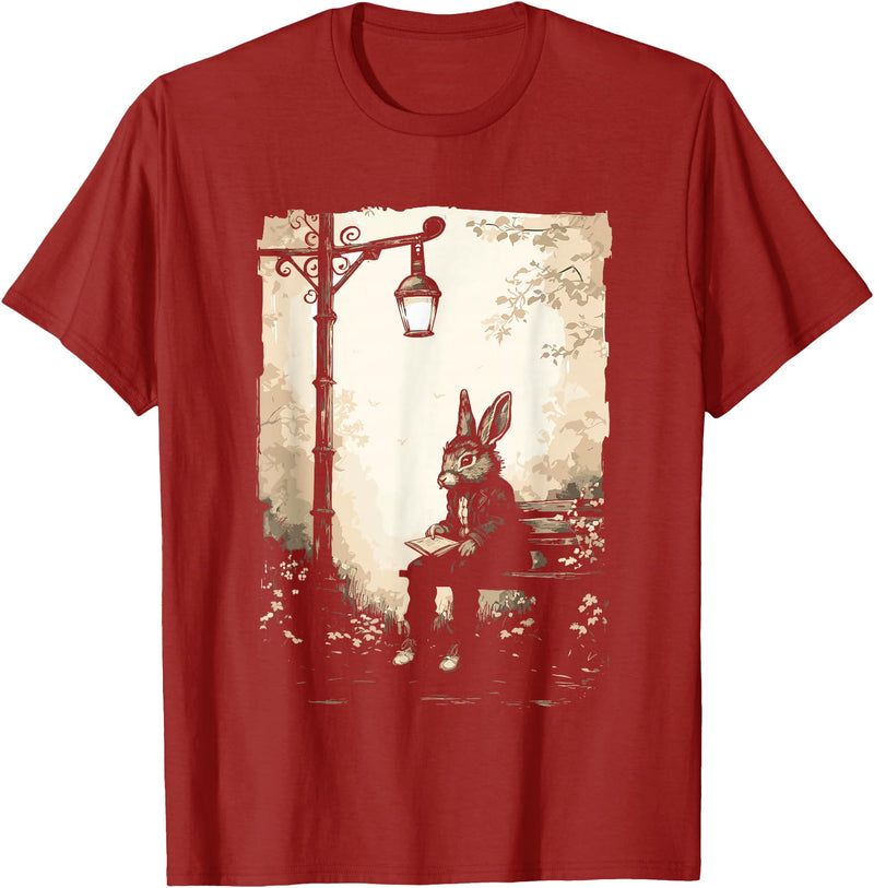 Rabbit with Book on Park Bench Bunny Lover, Men, Women, Kids T-Shirt in Cranberry Red