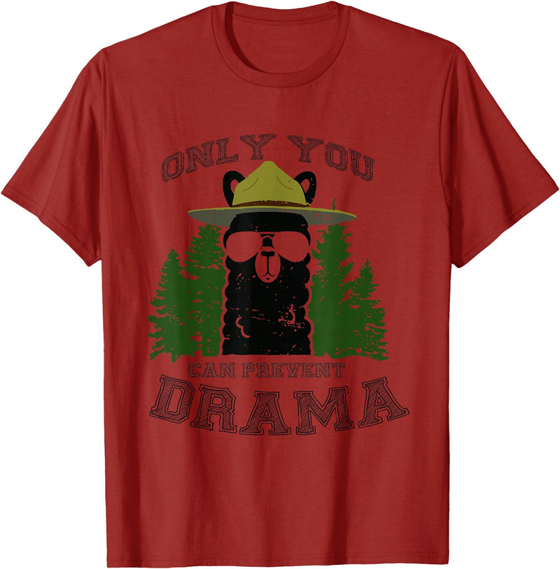LaLa Designs Only You Can Prevent Drama Llama Forest Camping Smokey T-Shirt - Cranberry Red