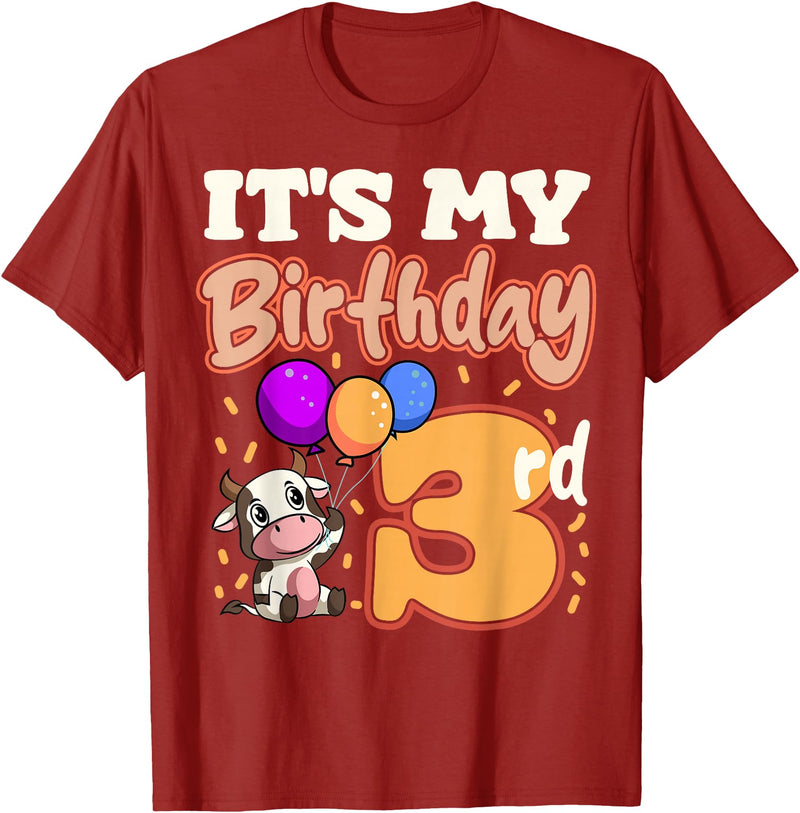 Cow Birthday 3 Party Farmyard Apparel Cow 3rd Birthday Party Balloons Moo Farm Animal Vet Barn T-Shirt - Cranberry Red