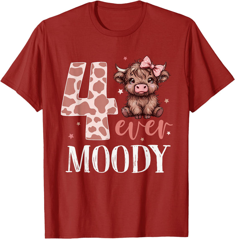 Highland Cow Print 4 Year Old Girl Birthday Gifts 4 Ever Moody Scottish Highland Cow 4th Birthday Girl T-Shirt - Cranberry