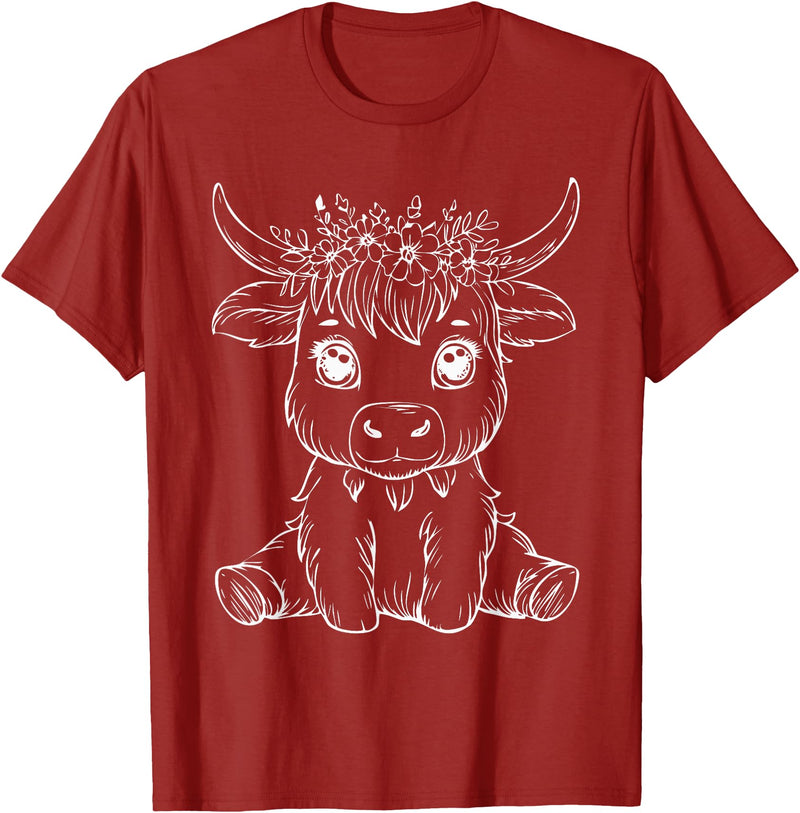 Highland Cow Lover Gifts Apparel and More Cute Highland Cow Flowers Floral Cowboy Farm Country T-Shirt - Cranberry Red