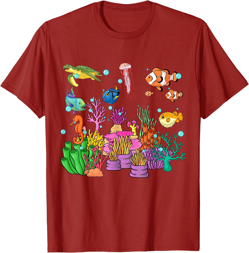MASH MOSH Coral reef with colorful tropical Fish, Marine Life T-Shirt - Cranberry Red