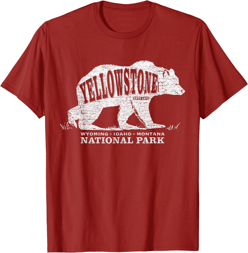 Vintage Yellowstone Retro Tees Tanks Tops Grizzly Bear Yellowstone National Park Est. 1872 T-Shirt - Cranberry Red