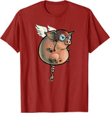 Logic Streetwear Flying Pig Funny Hand Drawn and Painted Art T-Shirt - Cranberry Red