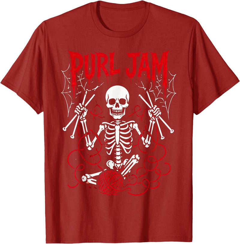 Bone Knitting Co. Purl Jam Skeleton Knitting Craft Lover Funny Design T-Shirt - Cranberry Red