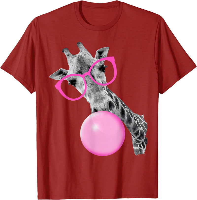 Pink Glasses and Bubblegum Animals Cool Giraffe Blowing Bubble with Pink Glasses – Funny Animal T-Shirt - Cranberry Red