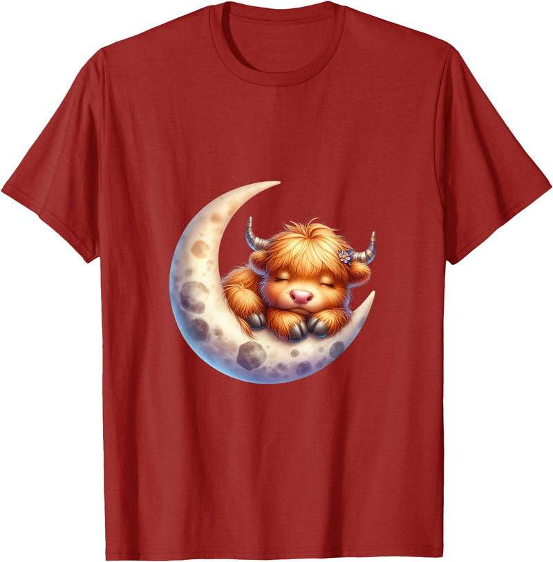 Cute Baby Highland Cow Sleeping on the Moon Heifer Farm T-Shirt - Cranberry Red