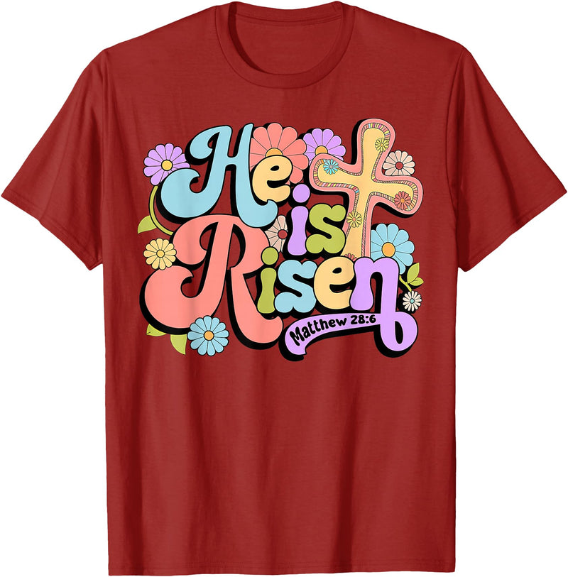 Floral He Is Risen Happy Easter Christian Bible Verse Faith T-Shirt in Cranberry Red