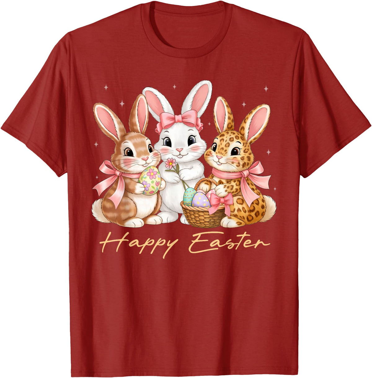 Happy Easter Women Girls Cute Bunny Rabbit Easter Day T-Shirt in Cranberry Red