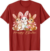 Happy Easter Women Girls Cute Bunny Rabbit Easter Day T-Shirt in Cranberry Red