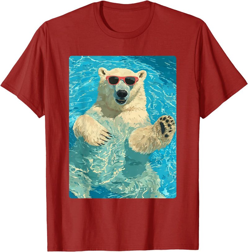 Pool Party Summer Animals Designs Funny Polar Bear with Sunglasses Summer Animal Swimming T-Shirt - Cranberry Red