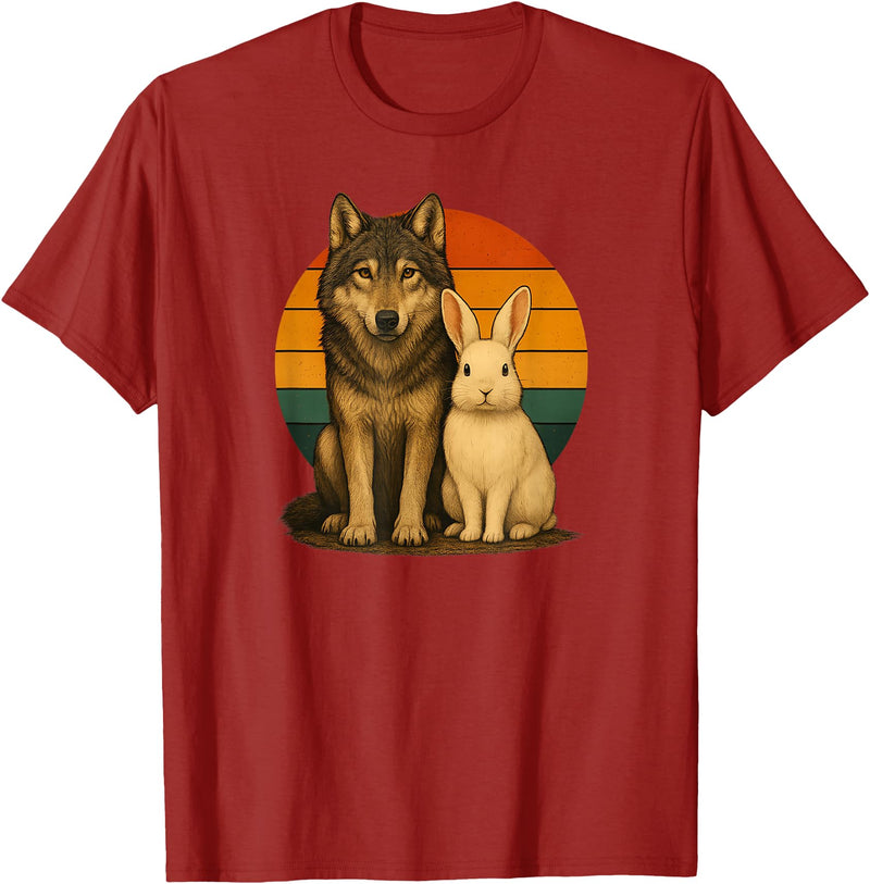 Wolf Rabbit Retro Animal Friends T-Shirt in Cranberry Red