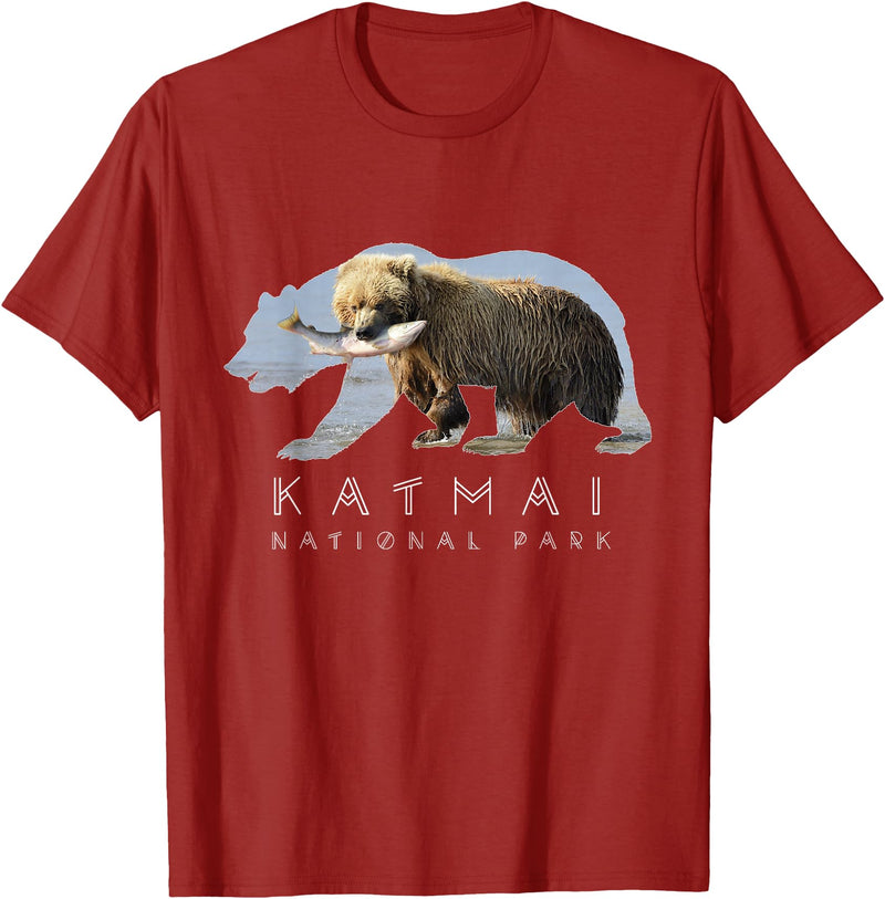 Katmai National Park Landscape Shirts & Gifts Alaskan Bear Katmai National Park Lake Image Alaska Souvenir T-Shirt - Cranberry Red