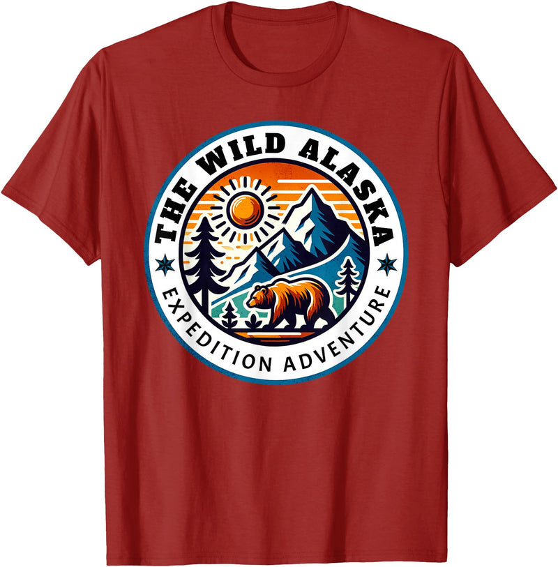 Hiking Glacier Bear and Alaska Frontier Apparel Glacier Mountain Landscape and Alaskan Bear Wildlife T-Shirt - Cranberry Red