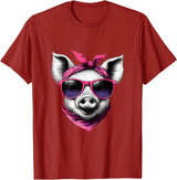 Fashionable Animals Wearing Pink Bandanas Pig Wearing A Pink Bandana Headband And Sunglasses T-Shirt - Cranberry Red