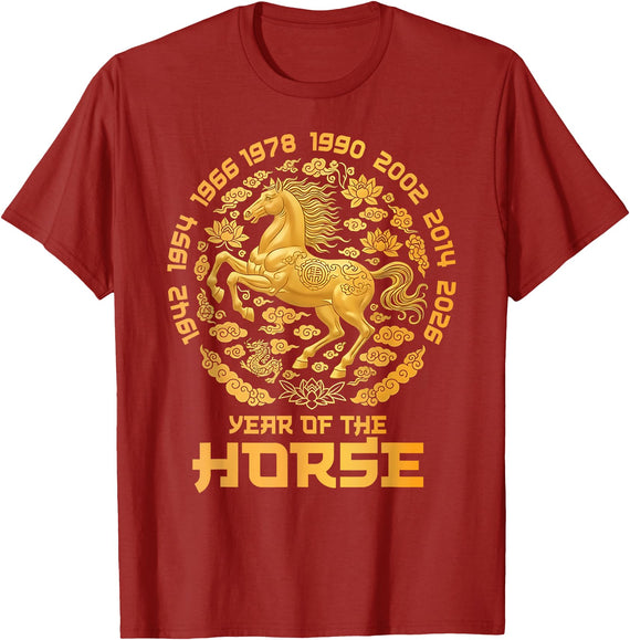 Lunar New Year 2026 Chinese New Year Decorations Chinese New Year 2026 Year of The Horse Lunar Golden Horse T-Shirt - Cranberry Red