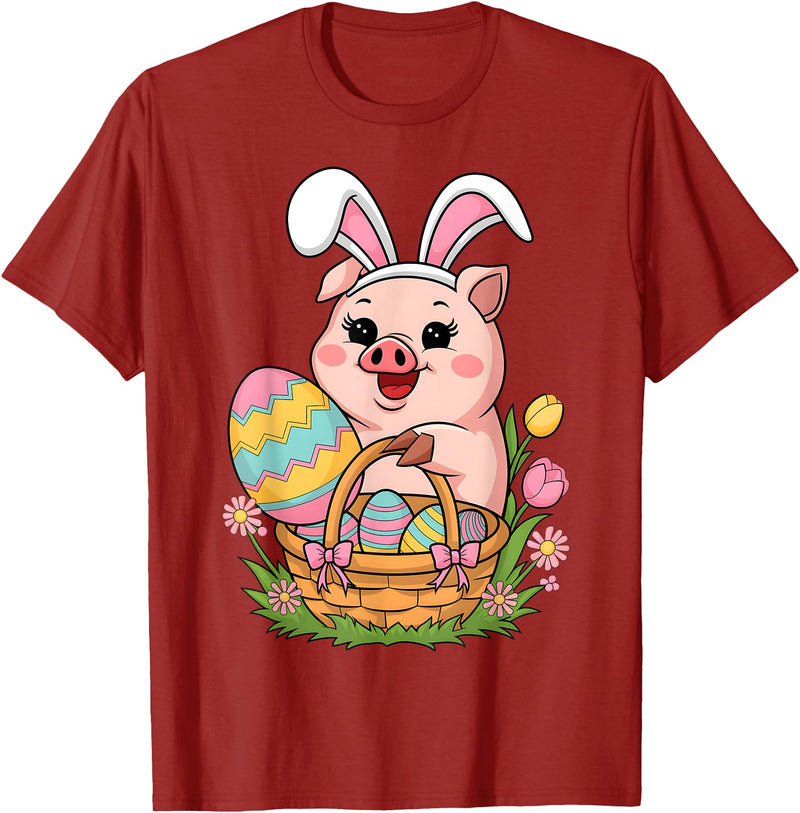 Happy Easter Pig Animal Happy Easter Women Girls Kids Easter Egg Basket Easter Pig T-Shirt - Cranberry Red