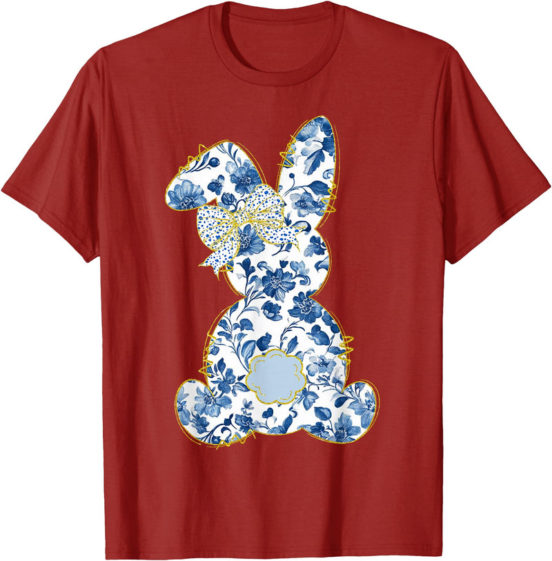 Cute Easter Toile Chinoiserie Blue Floral Bunny Coquette Bow T-Shirt in Cranberry Red
