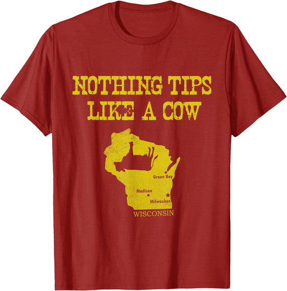 Funny Farm Nothing Tips Like A Cow Wisconsin T-Shirt - Unisex-Adults, Green, Small, Short Sleeve, Cotton, Polyester -
