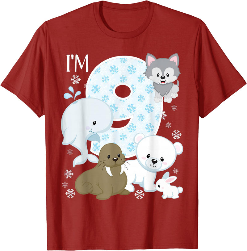 Arctic Animals Birthday Party Family Matching Bday Arctic Animals 9th Birthday Polar Bear Walrus Fox Sea Theme T-Shirt - Cranberry Red