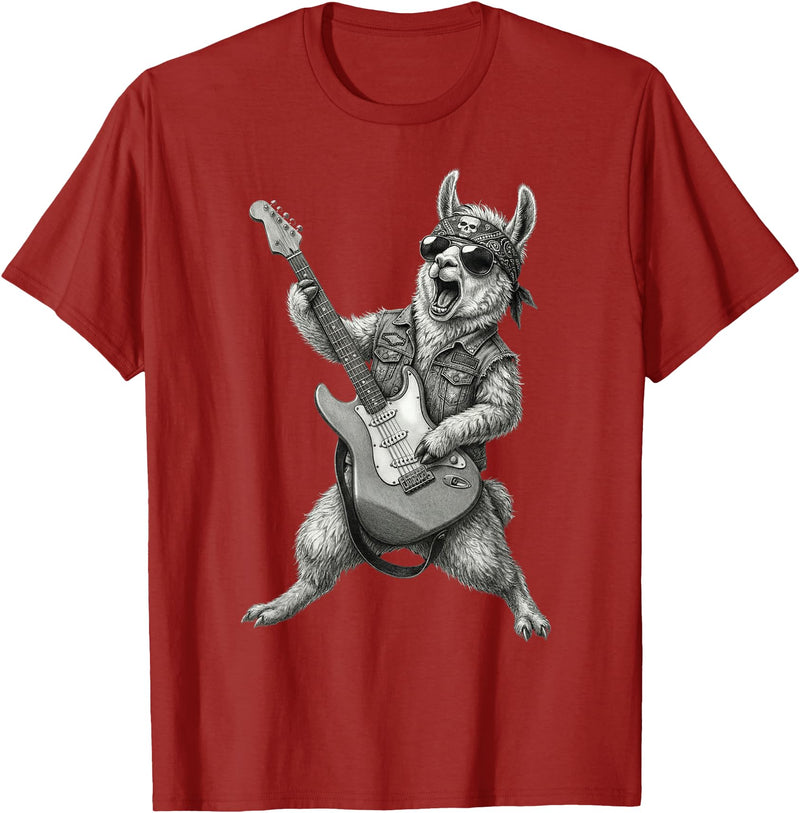Rock Guitar Llama Stuff Accessories & Gifts Llama Playing Guitar Rock & Roll Llamas Alpaca Rocker Music T-Shirt - Cranberry Red