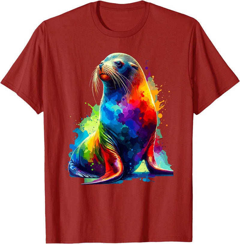 Sea Lions Gift For A Sea Lion Lover Colorful Splash Art Sea Lion Sea Lions T-Shirt - Cranberry Red
