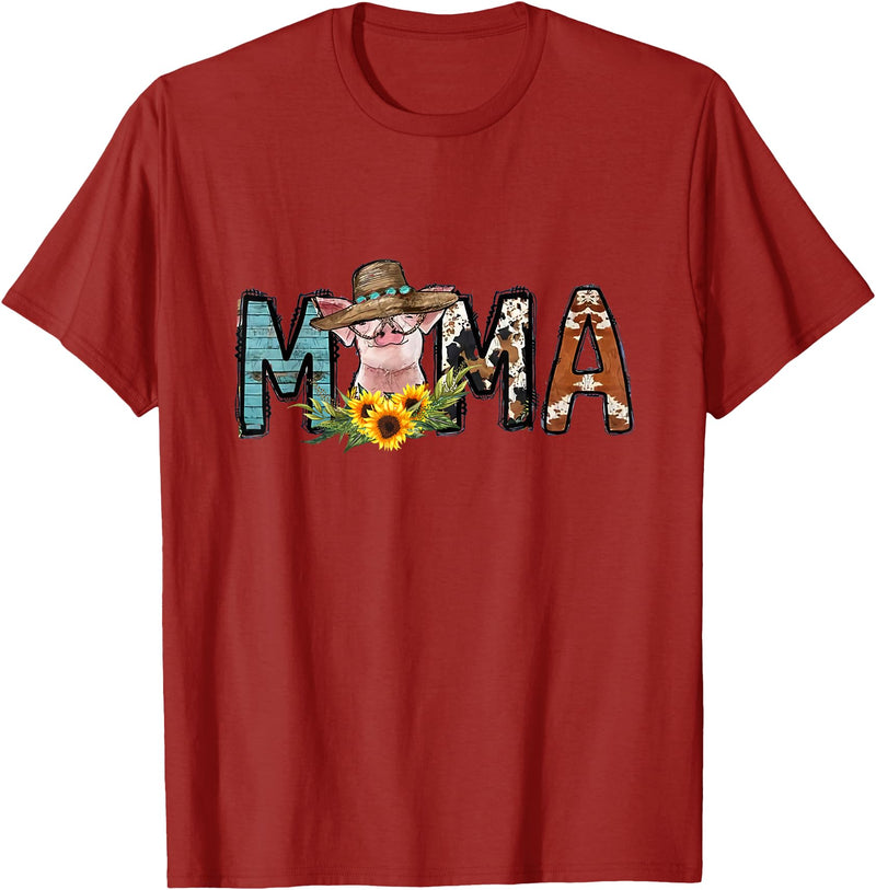 Pig Mama Pig Mom Sunflower Country Farm Life Cowhide T-Shirt - Cranberry Red