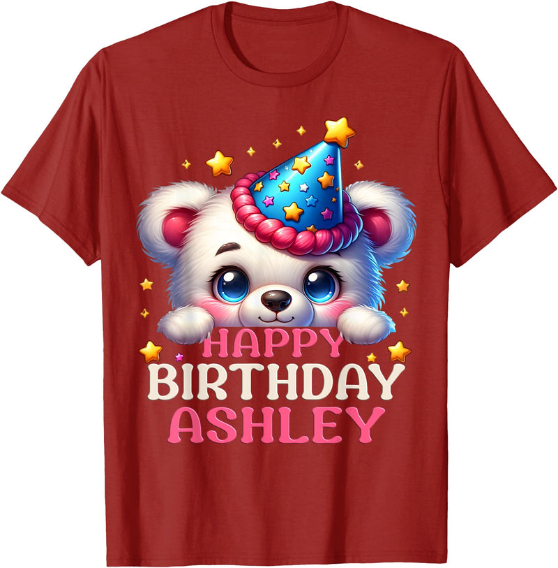 Birthday Teddy Surprise Customized First Name Tee Celebrating Ashley's Birthday Party with a cute Teddy T-Shirt - Cranberry Red