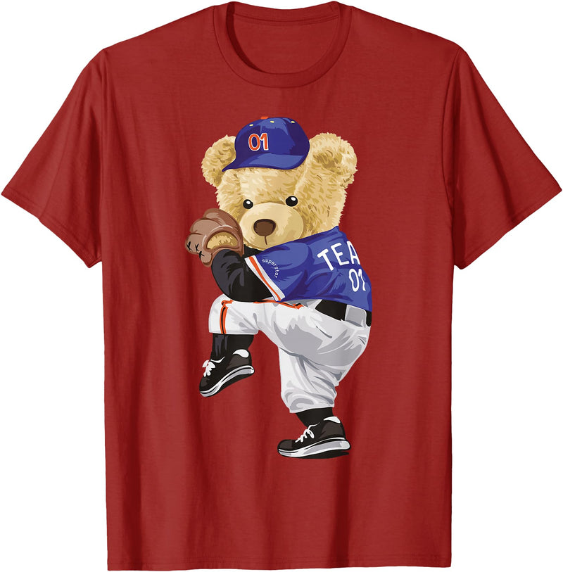 BERSLL Cute Teddy Bear Baseball Jug Sweatshirt T-Shirt - Cranberry Red