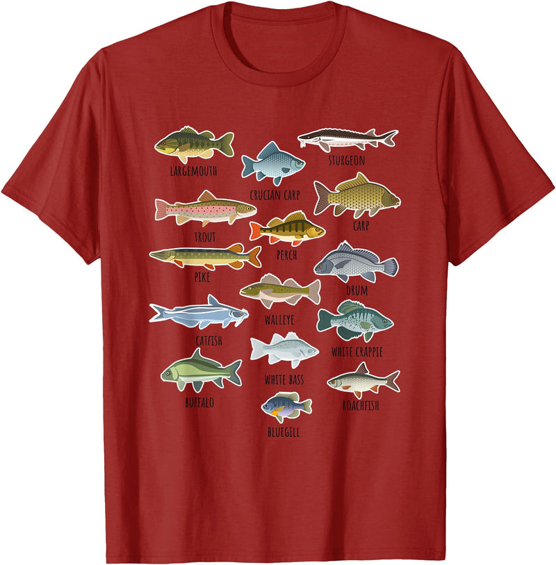 NABZR Angeln Geschenke & T-Shirts Types of Freshwater Fish Fishing T-Shirt - Cranberry Red