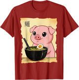 Funny Pig Anime Eating Ramen Pig Ramen Japanese Kawaii Anime Pig T-Shirt - Cranberry Red