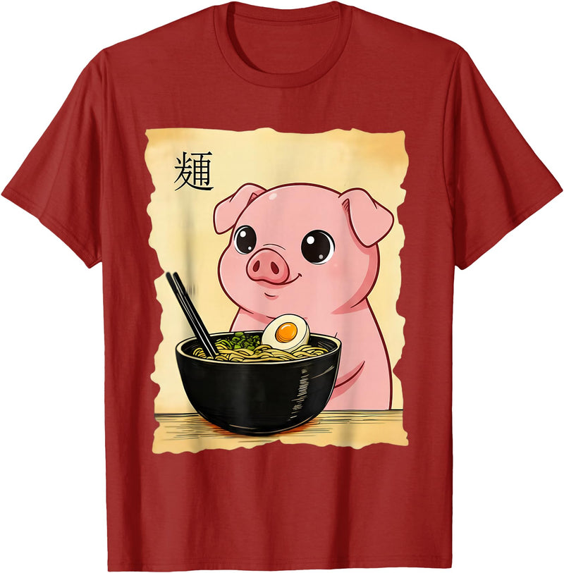Funny Pig Anime Eating Ramen Pig Ramen Japanese Kawaii Anime Pig T-Shirt - Cranberry Red