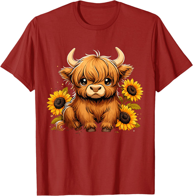 Cute Scottish Highland Cow Sunflower Highland Cow Farm T-Shirt - Cranberry Red