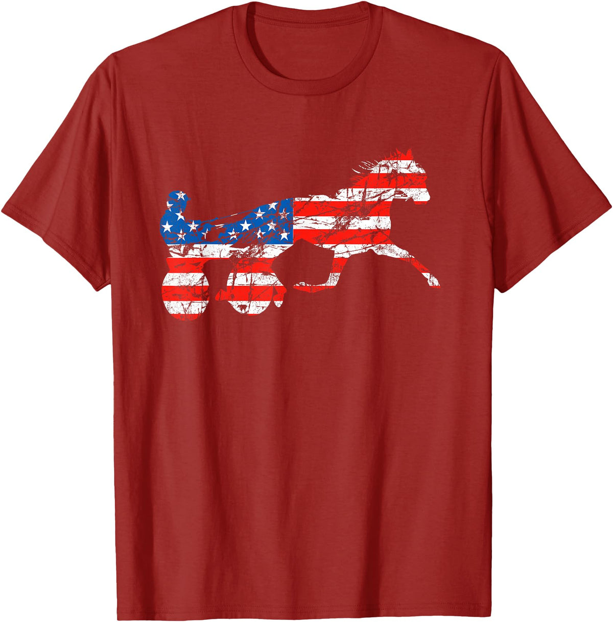 Unique Horse Racing Gifts Co. Vintage Harness Racer USA Flag Trotting Horse Harness Racer T-Shirt - Cranberry Red