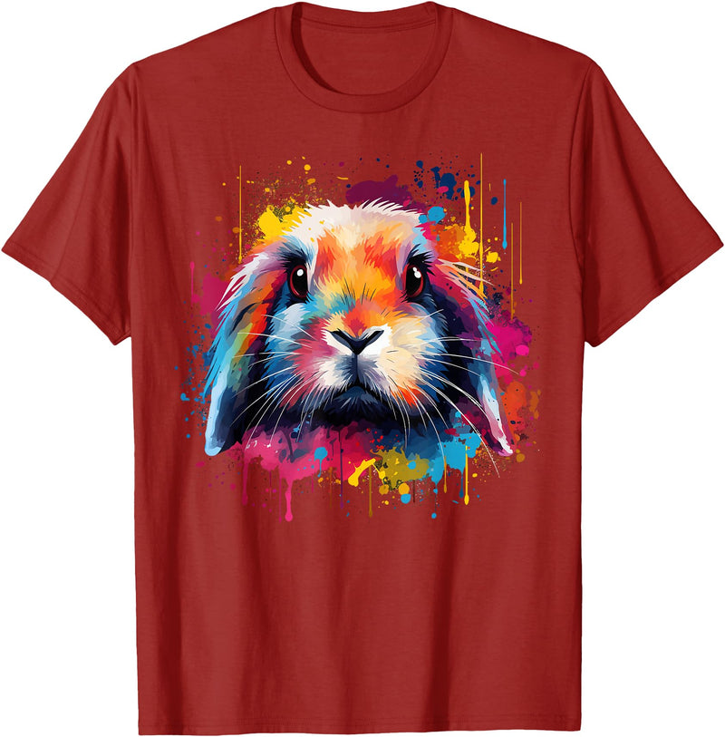Cute Holland Lop Rabbit Lover Colorful Splash Art T-Shirt in Cranberry Red