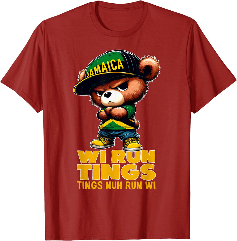 Jamaican Gifts for proud Jamaican Men, Women, Kids WI RUN TINGS Teddy Bear Jamaica Flag Shirt Jamaican Clothing T-Shirt - Cranberry Red