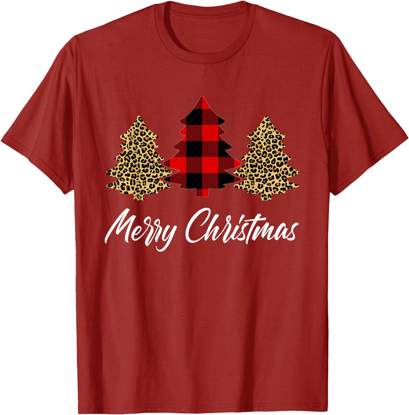 Merry Christmas Plaid Apparels Co. Merry Christmas, Leopard buffalo plaid Christmas tree Xmas T-Shirt - Cranberry Red