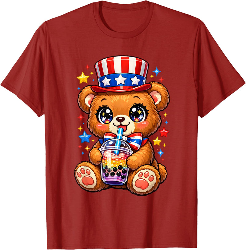 Kawaii Red White and Blue Fourth July Little Kids Cute Teddy Bear Patriotic 4th July Gift Bubble Boba Tea USA T-Shirt - Cranberry Red