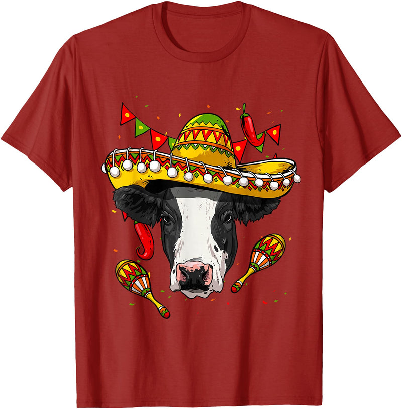 Wowsome! Cinco de Mayo Cow Mexican Lover Sombrero Cow T-Shirt - Cranberry Red