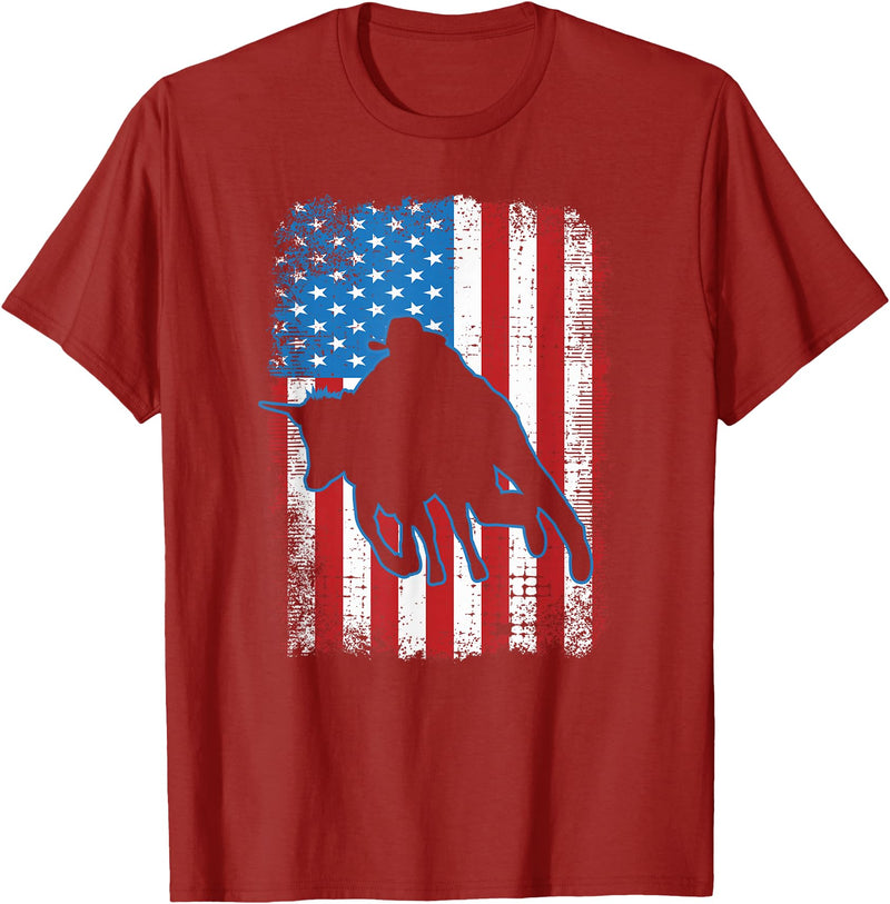 Horse Lovers T-Shirts Gifts Clothing & Equipment Steer Wrestling USA Flag Roping Rodeo Event Chute Dogging T-Shirt - Cranberry Red
