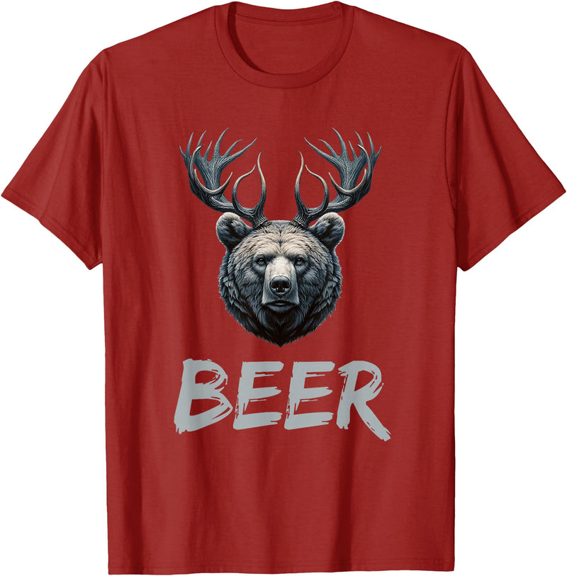 Bear With Antlers Drinker Party Deer Beer Beer Bear Deer Grizzly Bear With Antlers Beer T-Shirt - Cranberry Red