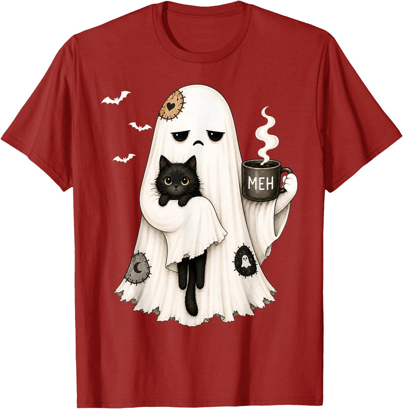 Halloween Cute Ghost Holding Black Cat Spooky Ghost Holding Black Cat Coffee Lover Funny Halloween T-Shirt - Cranberry Red