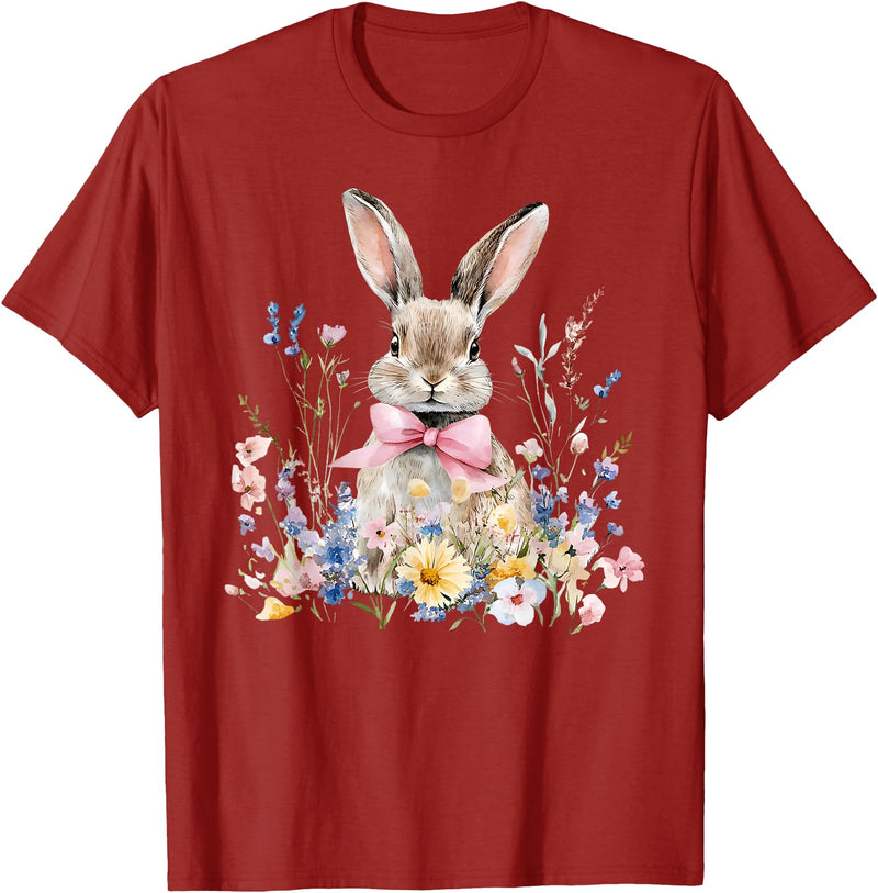Funny Bunny Wildflower Rabbit Eggs Happy Easter Retro Trendy T-Shirt in Cranberry Red