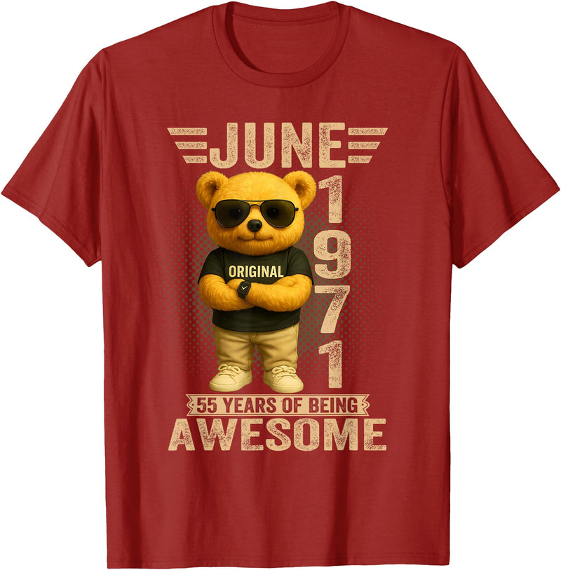 June 1971 55th Birthday Gifts for Men Women 55 Year Old June 1971 Teddy Bear 55th Birthday Men Women T-Shirt - Cranberry Red