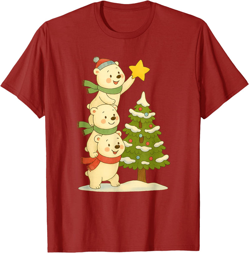 Cute Xmas Bear Cartoon for Kids and Family Cute Polar Bear Stacking Star on Tree Christmas T-Shirt - Cranberry Red