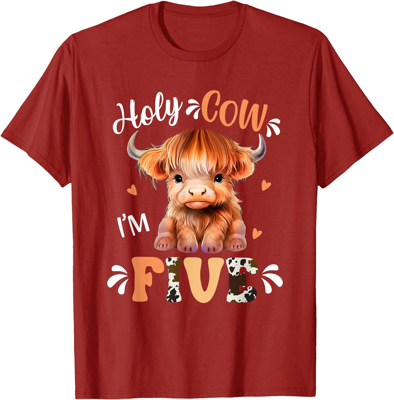 Highland Cow Print 5 Year Old Birthday Gift Holy Cow Im Five Scottish Highland Cow Print 5th Birthday T-Shirt - Cranberry Red