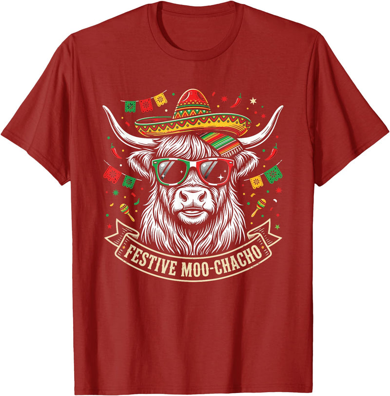 Cinco De Mayo Fiesta Moo Tees Vintage Highland Cow Cinco De Mayo Funny Retro Fiesta Design T-Shirt - Cranberry Red
